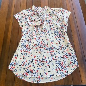 Bird Print Sleeveless Blouse With Floppy Bow Large